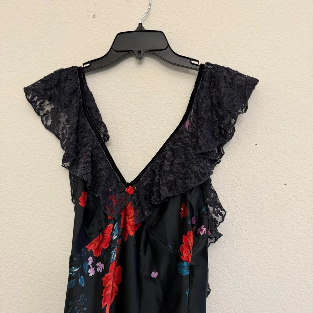 Free People Dark Romance Lace Trim Floral Satin Maxi Dress Black Red Rose V-Neck